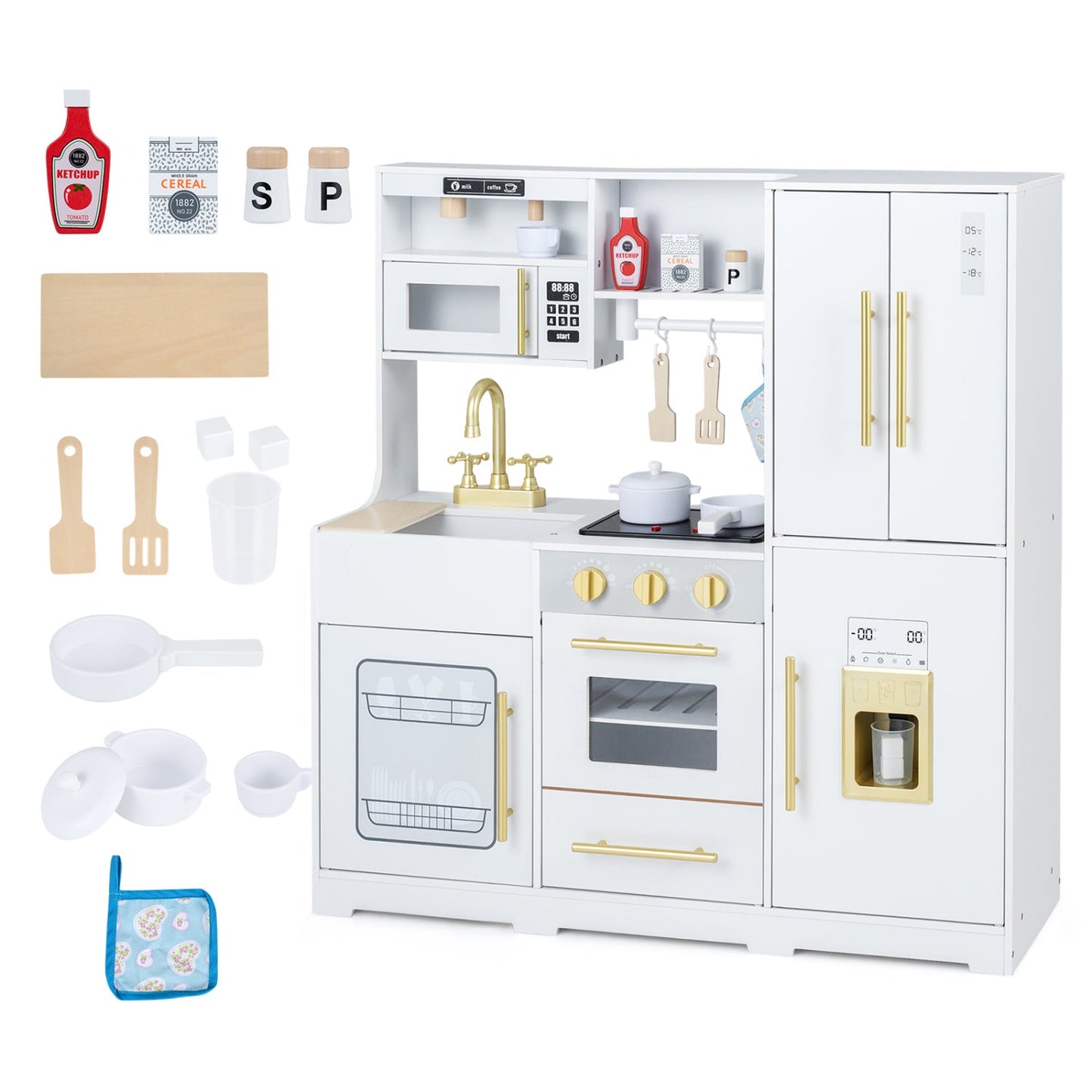 DirectDeals wooden play kitchen set with lights, white and gold hardware, stove and sink on Tampa Home & Garden Store