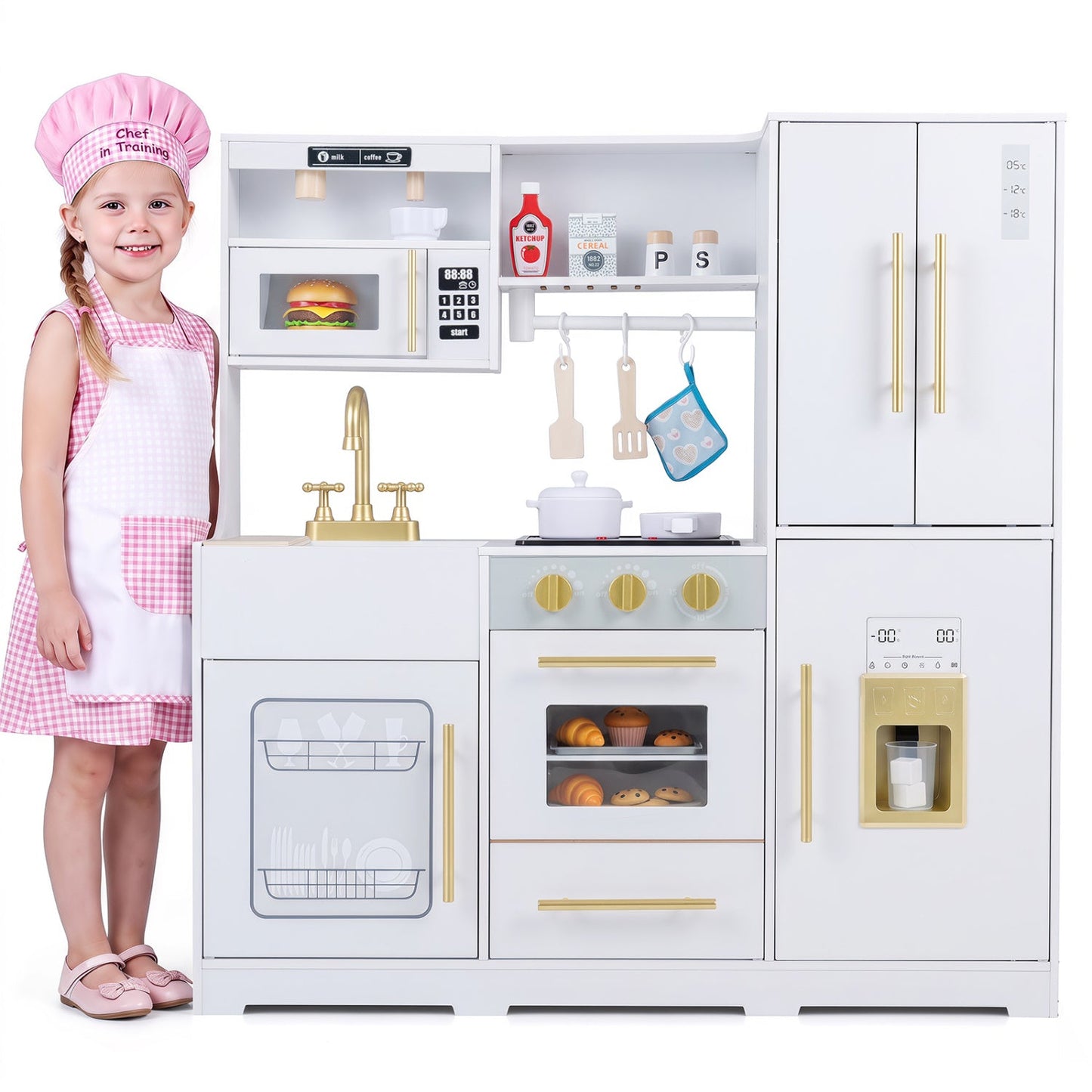 Wooden Play Kitchen Set by DirectDeals with lights and sounds, white with gold hardware on Tampa Home & Garden Store