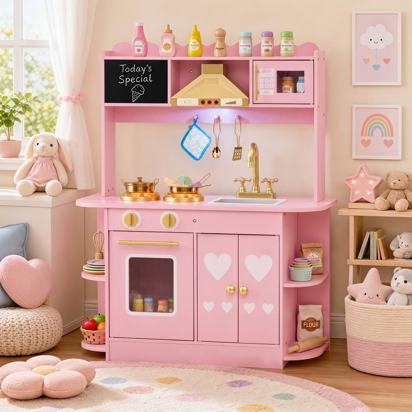 Pink wooden play kitchen set with lights and sounds, stove and sink, utensils DirectDeals on Tampa Home & Garden Store