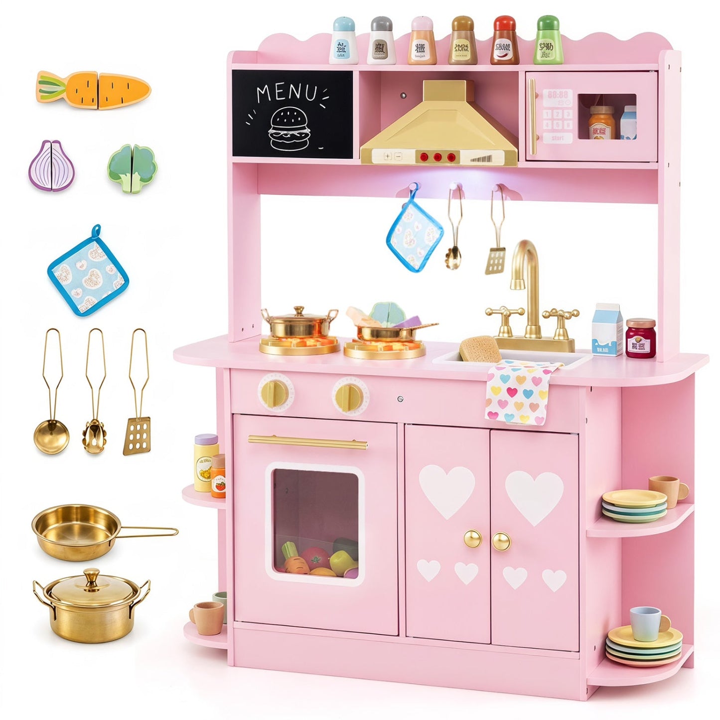 Wooden play kitchen with lights; pink finish, stove, sink, oven; DirectDeals toddler kitchen set on Tampa Home & Garden Store