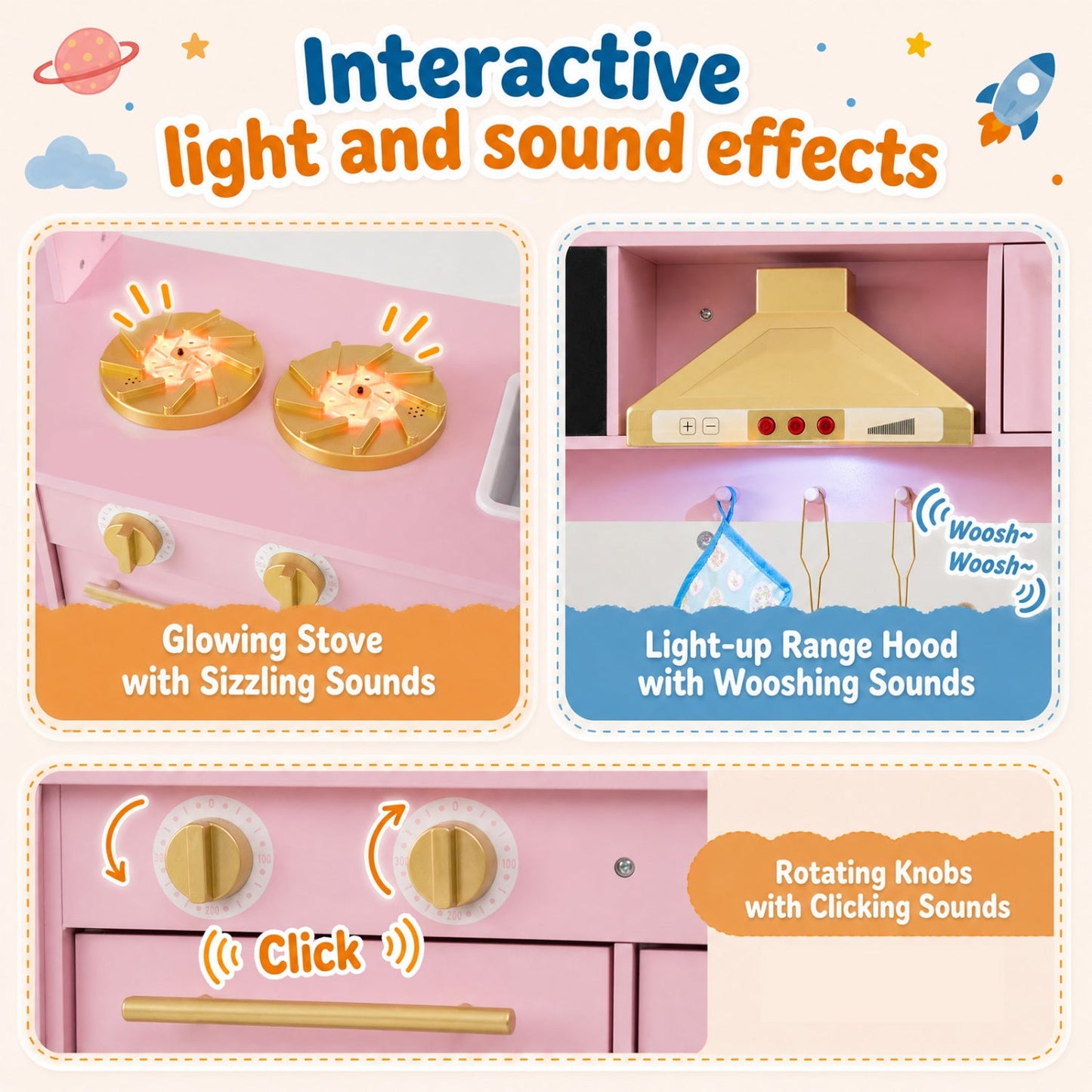 Wooden play kitchen set with pink finish by DirectDeals glowing stove burners on Tampa Home & Garden Store