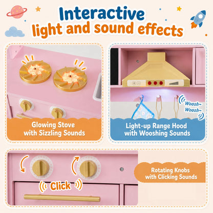 Wooden play kitchen set with pink finish by DirectDeals glowing stove burners on Tampa Home & Garden Store