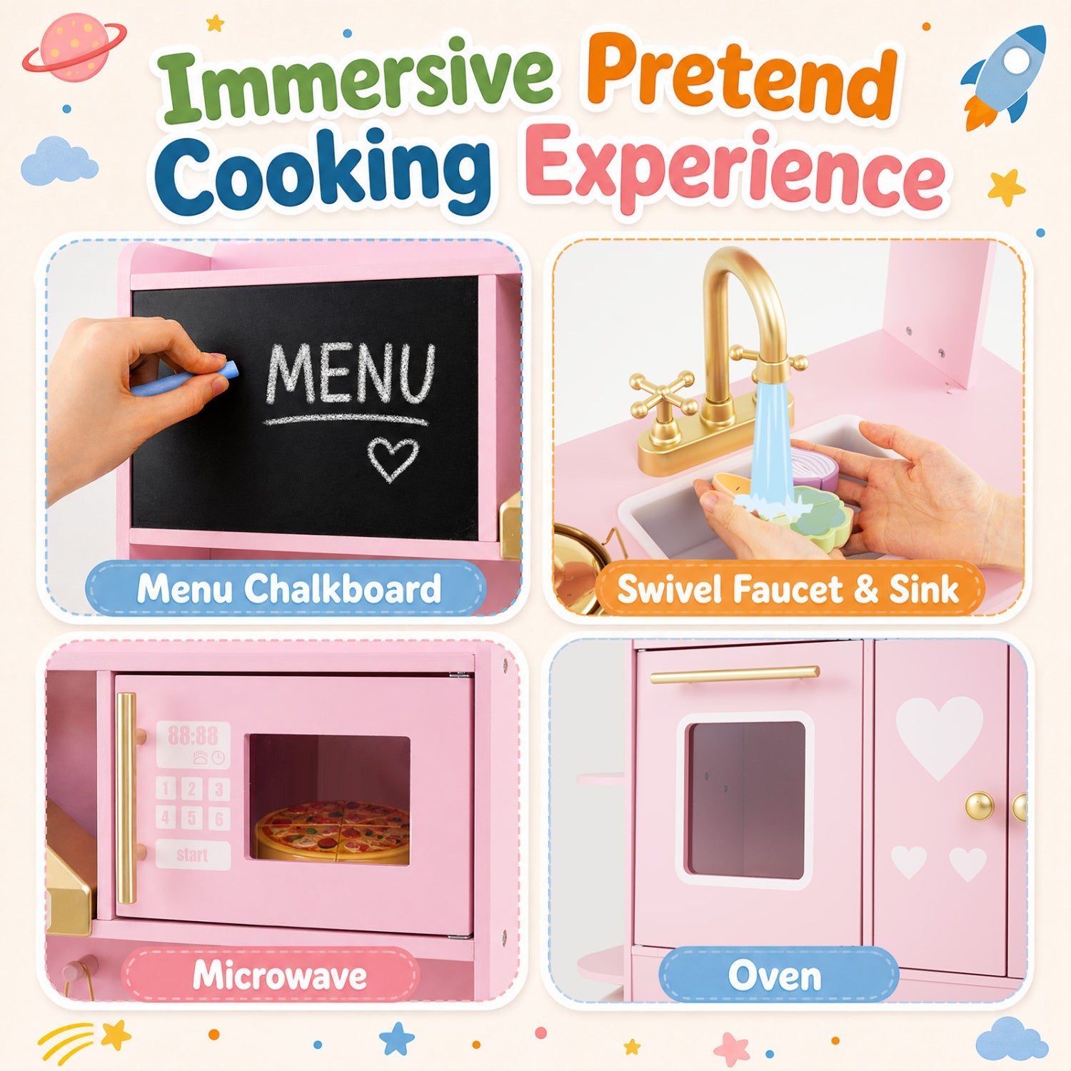 Wooden pink 4-piece play kitchen set by DirectDeals with lights and sounds for toddlers 3+ on Tampa Home & Garden Store