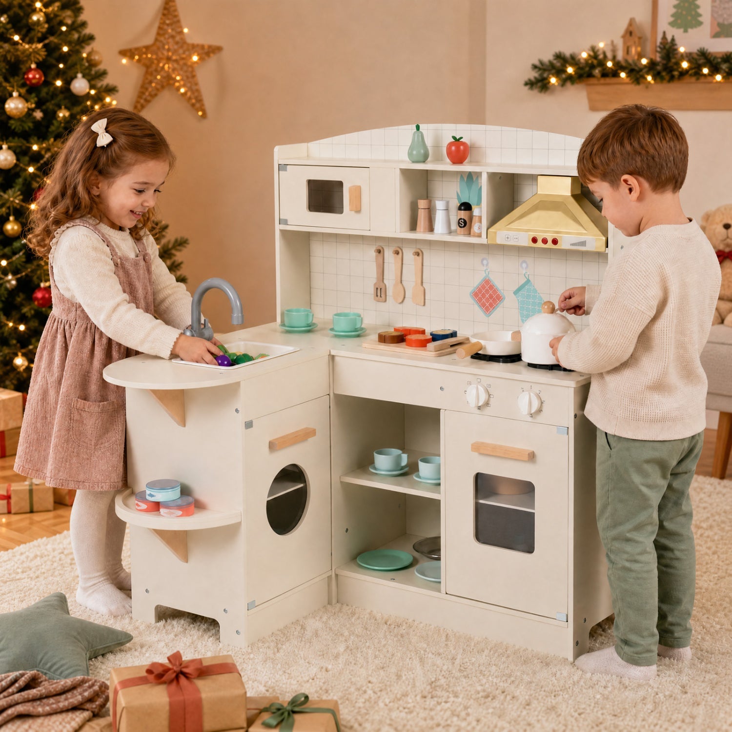 DirectDeals wooden play kitchen set in white with lights & sounds; two kids cooking on Tampa Home & Garden Store