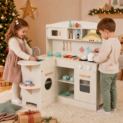 DirectDeals wooden play kitchen set in white with lights & sounds; two kids cooking on Tampa Home & Garden Store