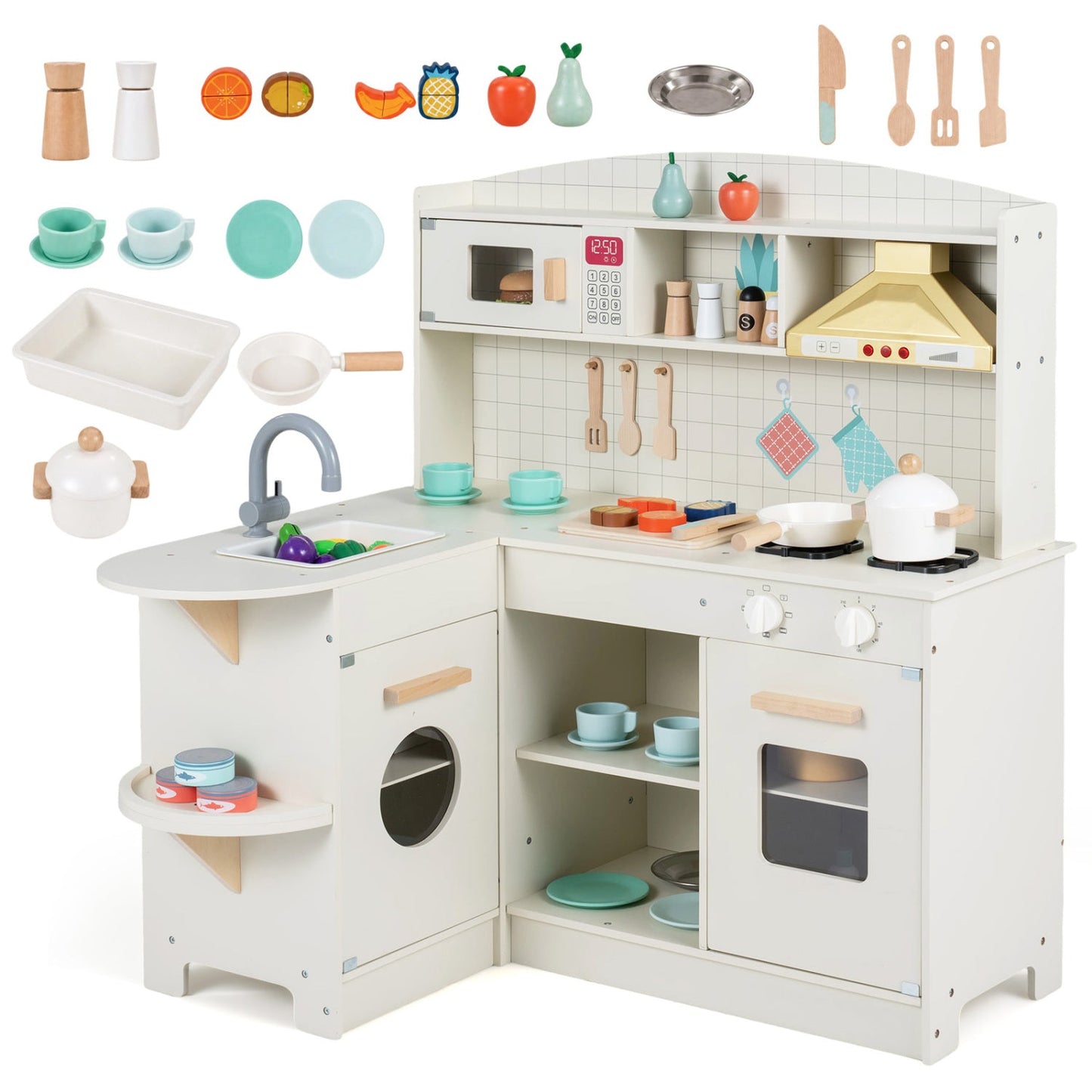 Wooden play kitchen set with lights & sounds in white, includes stove, sink and microwave on Tampa Home & Garden Store