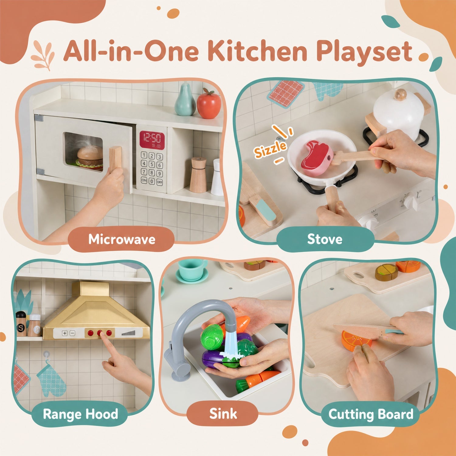 Wooden play kitchen set with lights; white finish; includes microwave, stove, sink on Tampa Home & Garden Store