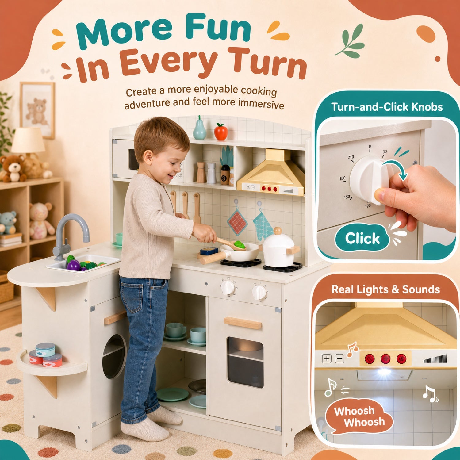 Wooden play kitchen set in white with stove, sink, and shelves DirectDeals brand on Tampa Home & Garden Store