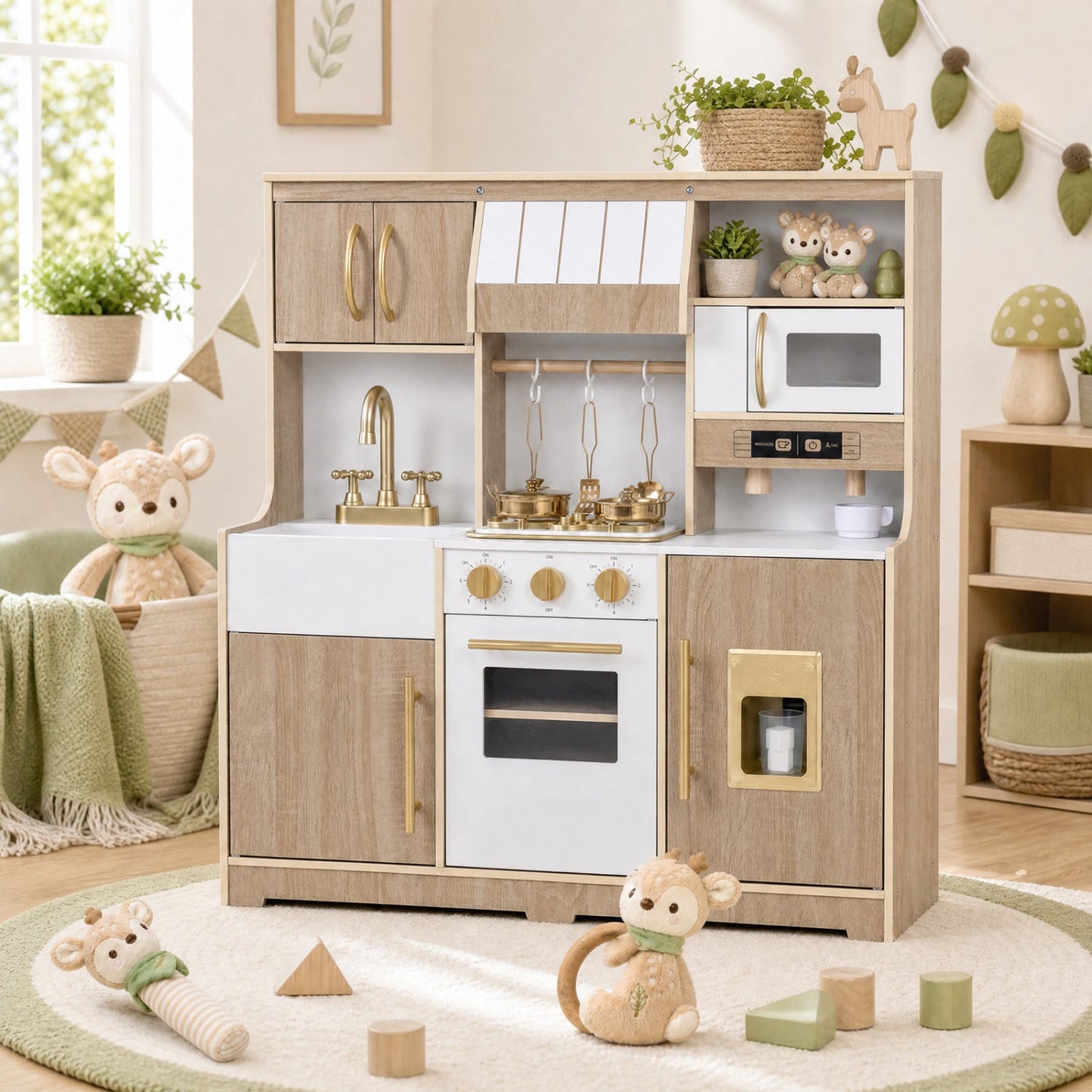 Wooden play kitchen set with lights and sounds light oak finish brass hardware DirectDeals on Tampa Home & Garden Store