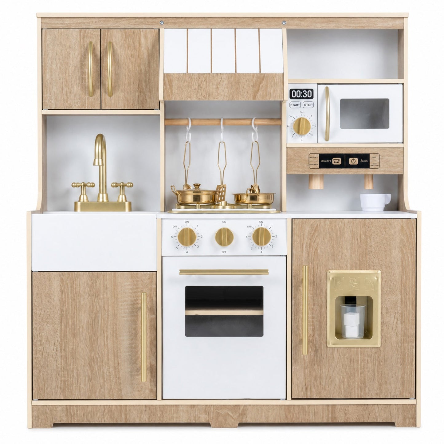 Wooden play kitchen with brass faucet, white appliances and hanging pots for toddlers on Tampa Home & Garden Store