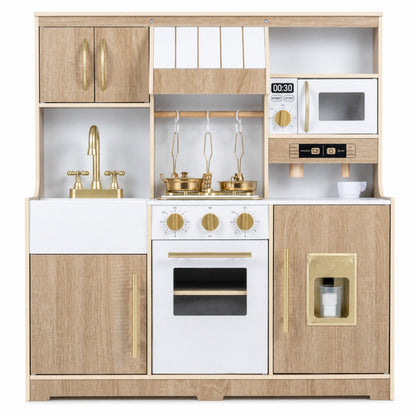 Wooden play kitchen with brass faucet, white appliances and hanging pots for toddlers on Tampa Home & Garden Store