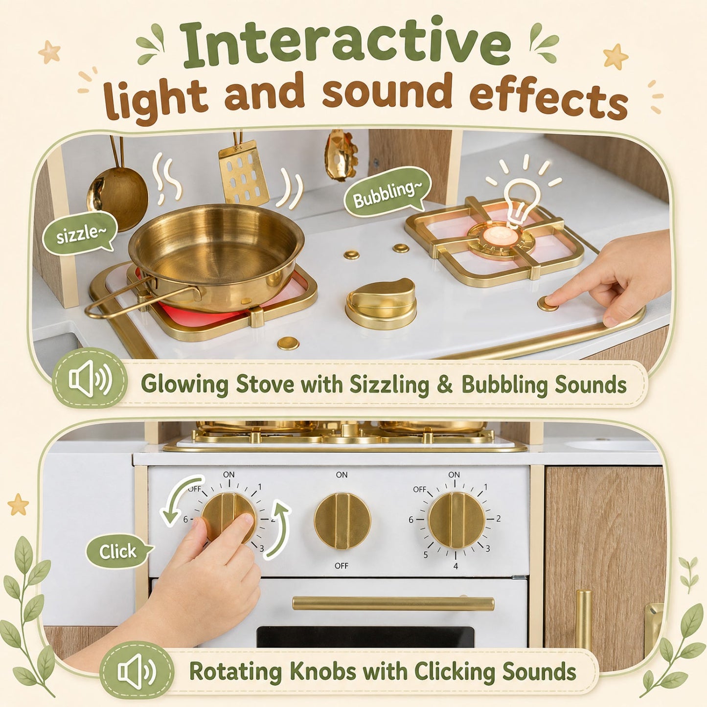 Wooden play kitchen set by DirectDeals with lights and sounds glowing stove and knobs on Tampa Home & Garden Store