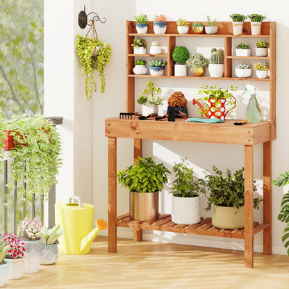 Wooden Potting Bench Table Garden Planting Workstation with 3-Tier Open Shelf