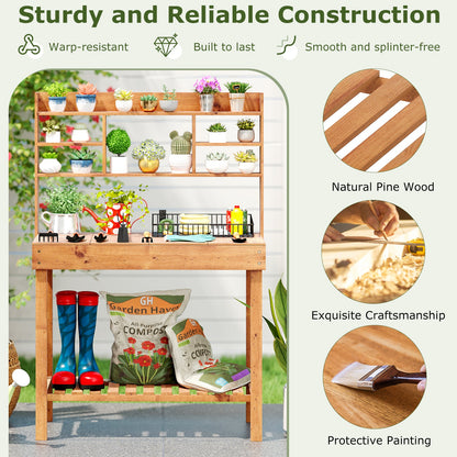 Wooden Potting Bench Table Garden Planting Workstation with 3-Tier Open Shelf