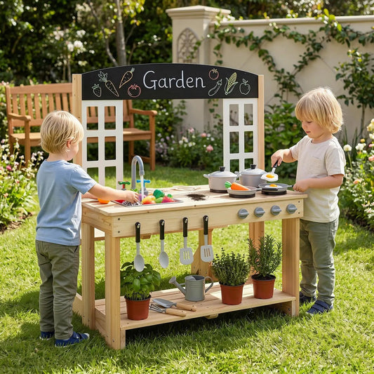 Wooden Play Kitchen Set with bench in natural wood finish, outdoor garden scene on Tampa Home & Garden Store