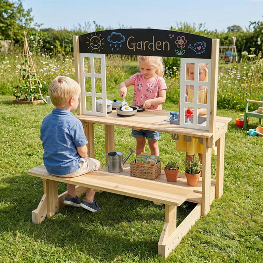 Wooden play kitchen set with bench, natural wood finish, white frames and chalkboard sign Garden on Tampa Home & Garden Store