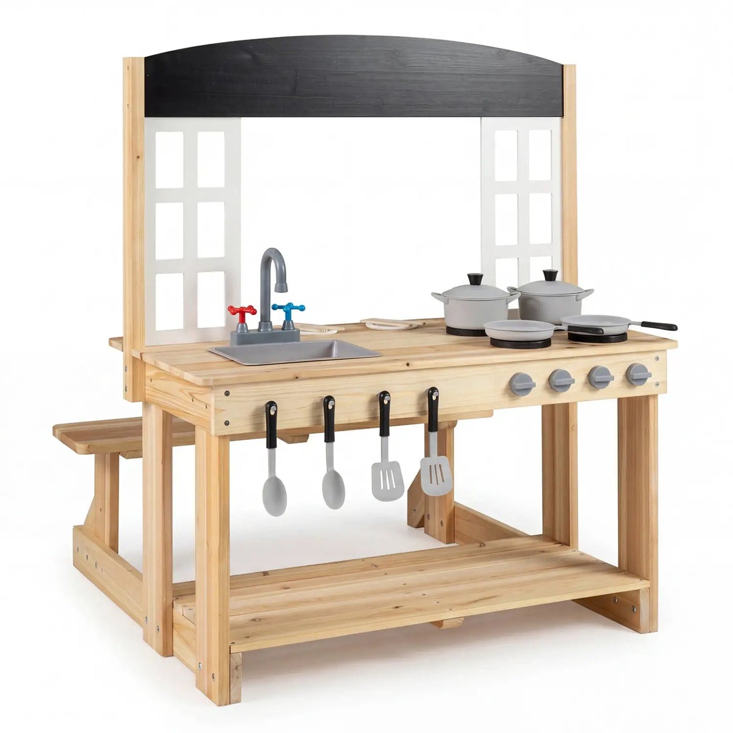 Wooden Play Kitchen and Bench Cooking Accessories