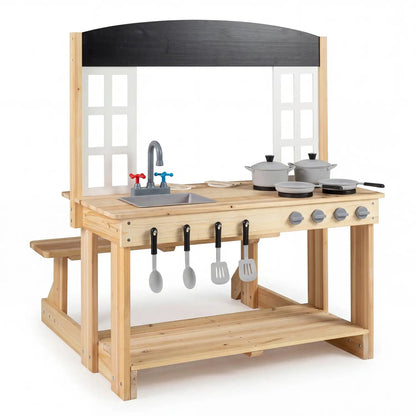 Wooden Play Kitchen and Bench Cooking Accessories
