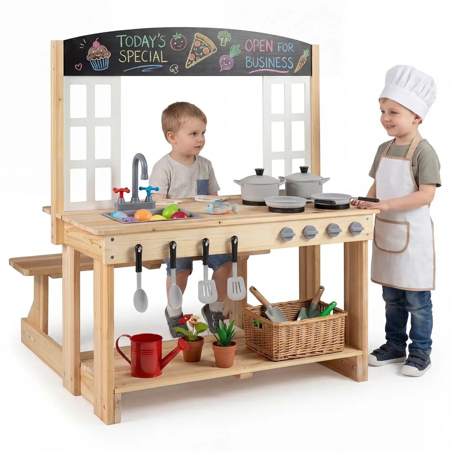 Wooden Play Kitchen and Bench Cooking Accessories