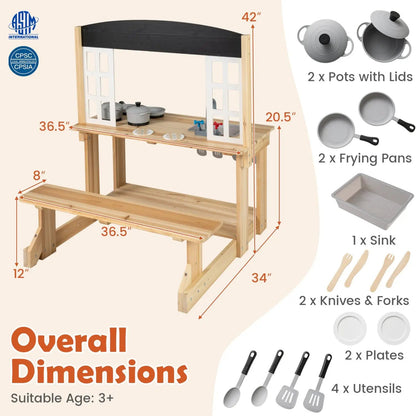 Wooden Play Kitchen and Bench Cooking Accessories