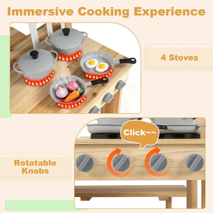 Wooden Play Kitchen and Bench Cooking Accessories