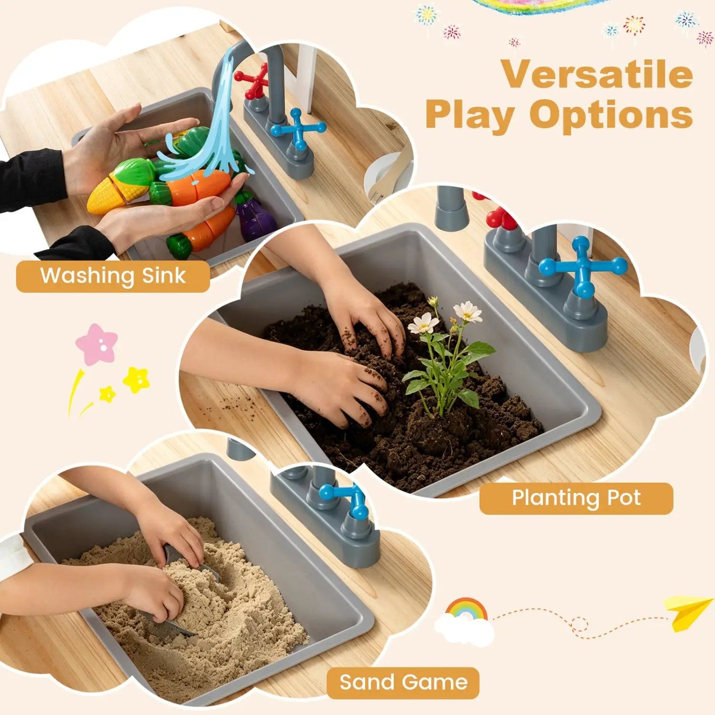 Wooden Play Kitchen and Bench Cooking Accessories