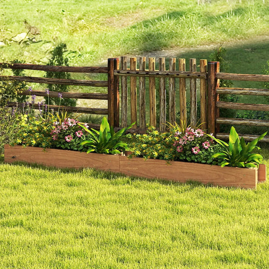 Wooden raised garden bed in natural pine with drainage holes populated with bright flowers on Tampa Home & Garden Store