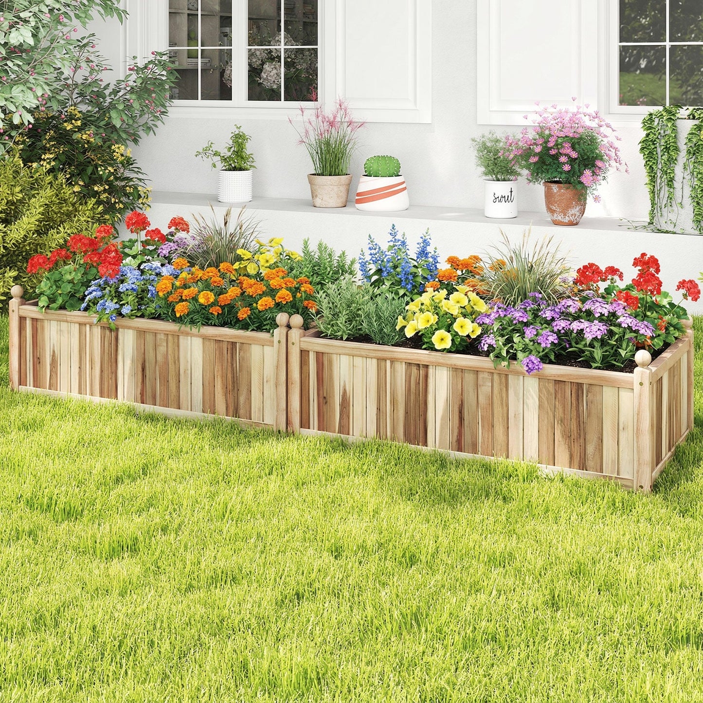 Wooden Raised Garden Bed Natural Acacia Wood Rectangular Planter Box with Liner-Natural
