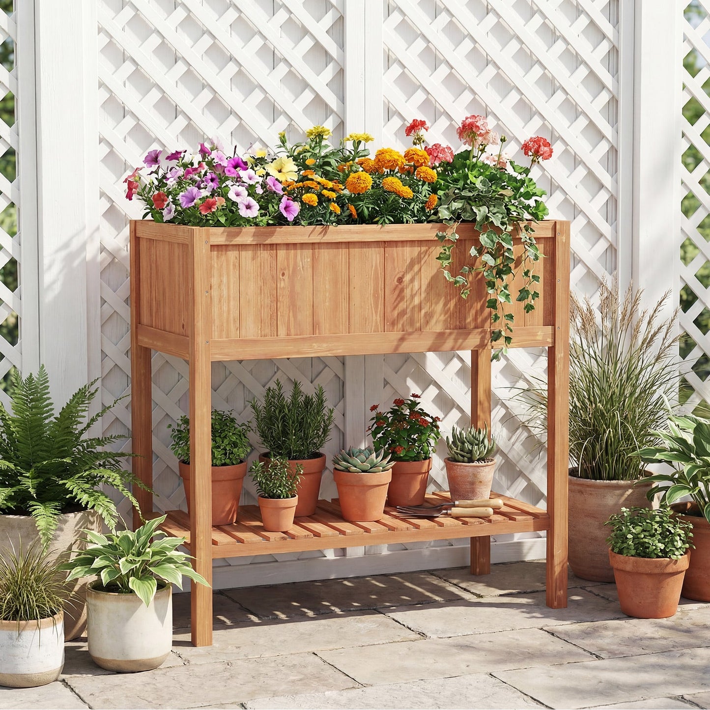 Wooden Raised Garden Bed with Storage Shelf and 220 LBS Capacity-Orange