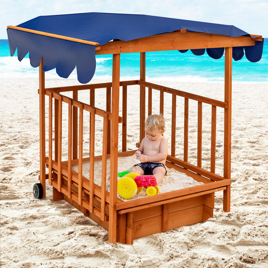 Kids Outdoor Wooden Retractable Sandbox with Cover and Built-in Wheels-Natural - Tampa Home & Garden Store