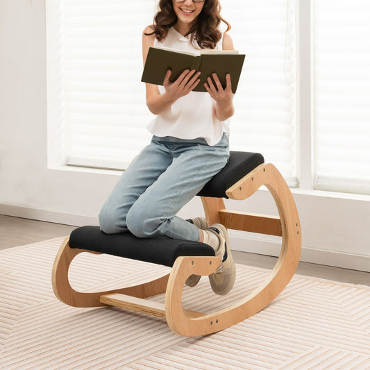 Wooden Rocking Chair with Comfortable Padded Seat Cushion and Knee Support-Black - Tampa Home & Garden Store