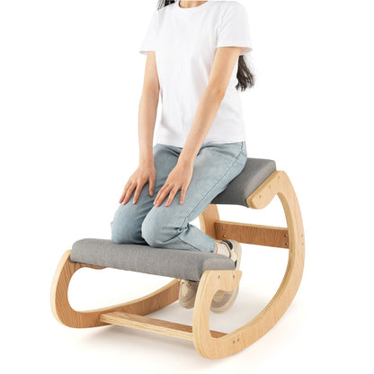 Wooden Rocking Chair with Comfortable Padded Seat Cushion and Knee Support-Black