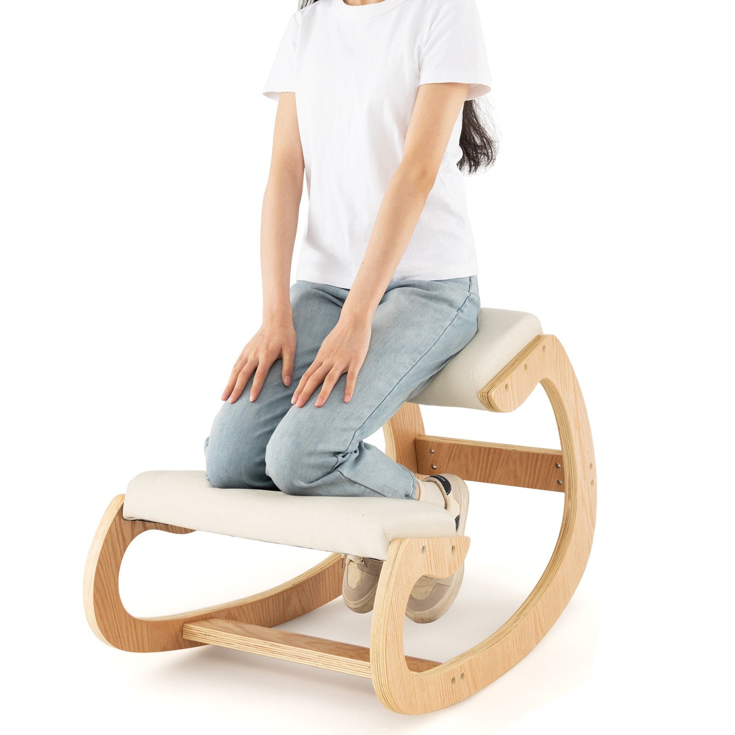 Wooden Rocking Chair with Comfortable Padded Seat Cushion and Knee Support-Black