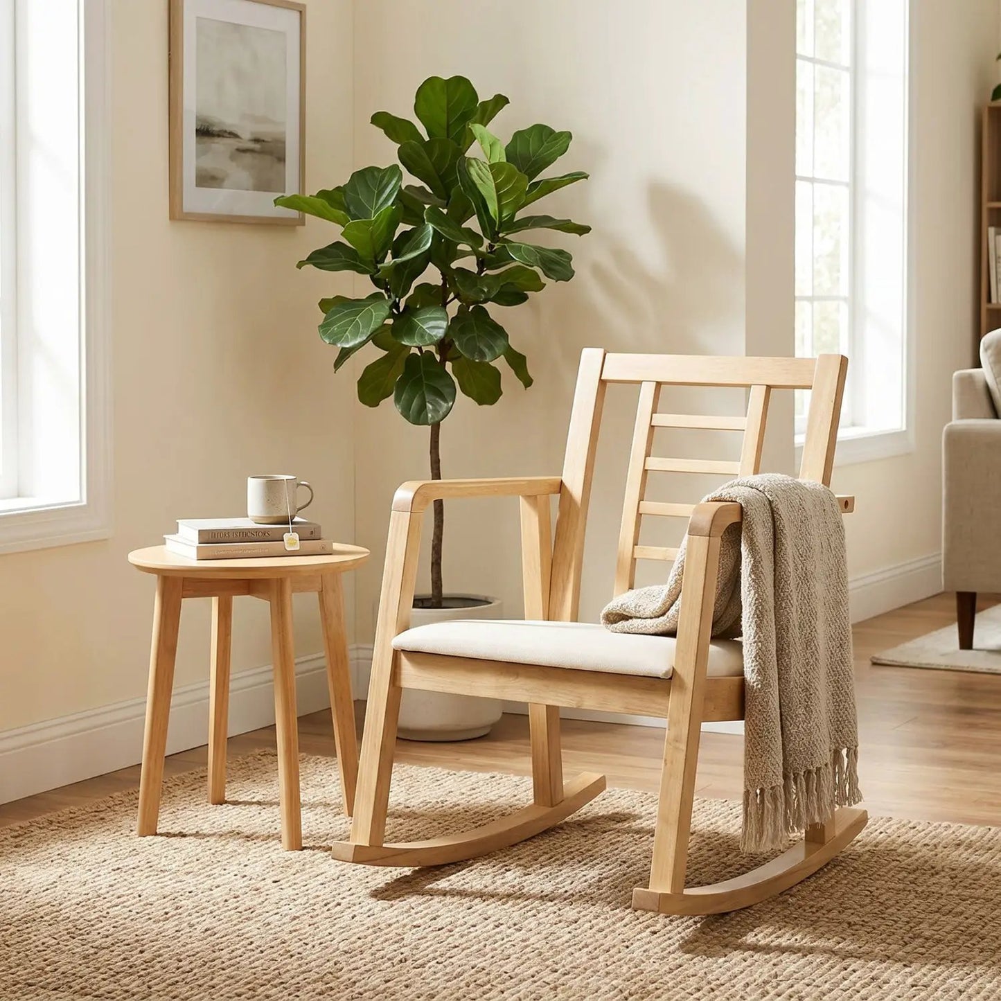 Wooden Rocking Chair with Upholstered Seat