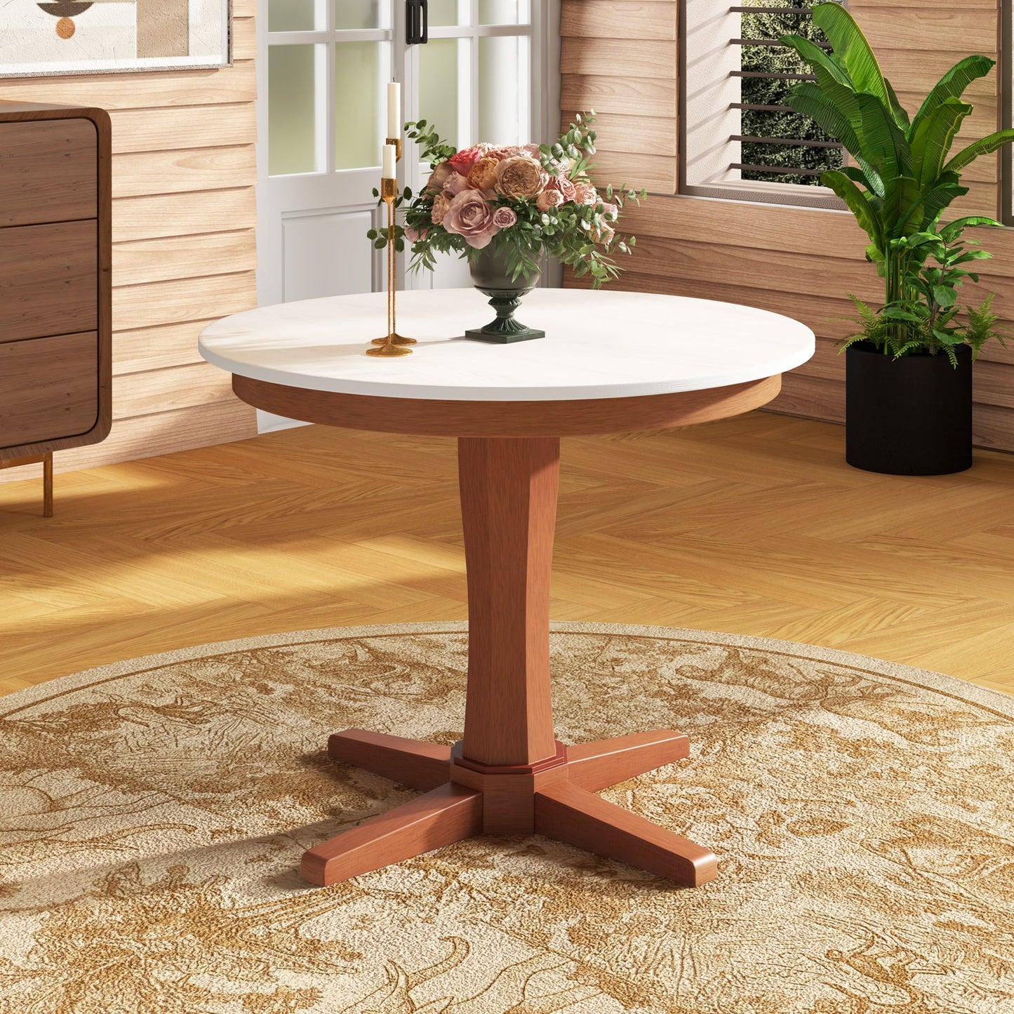 Mesa de comedor redonda de madera de 35 pulgadas con pedestal - Blanca