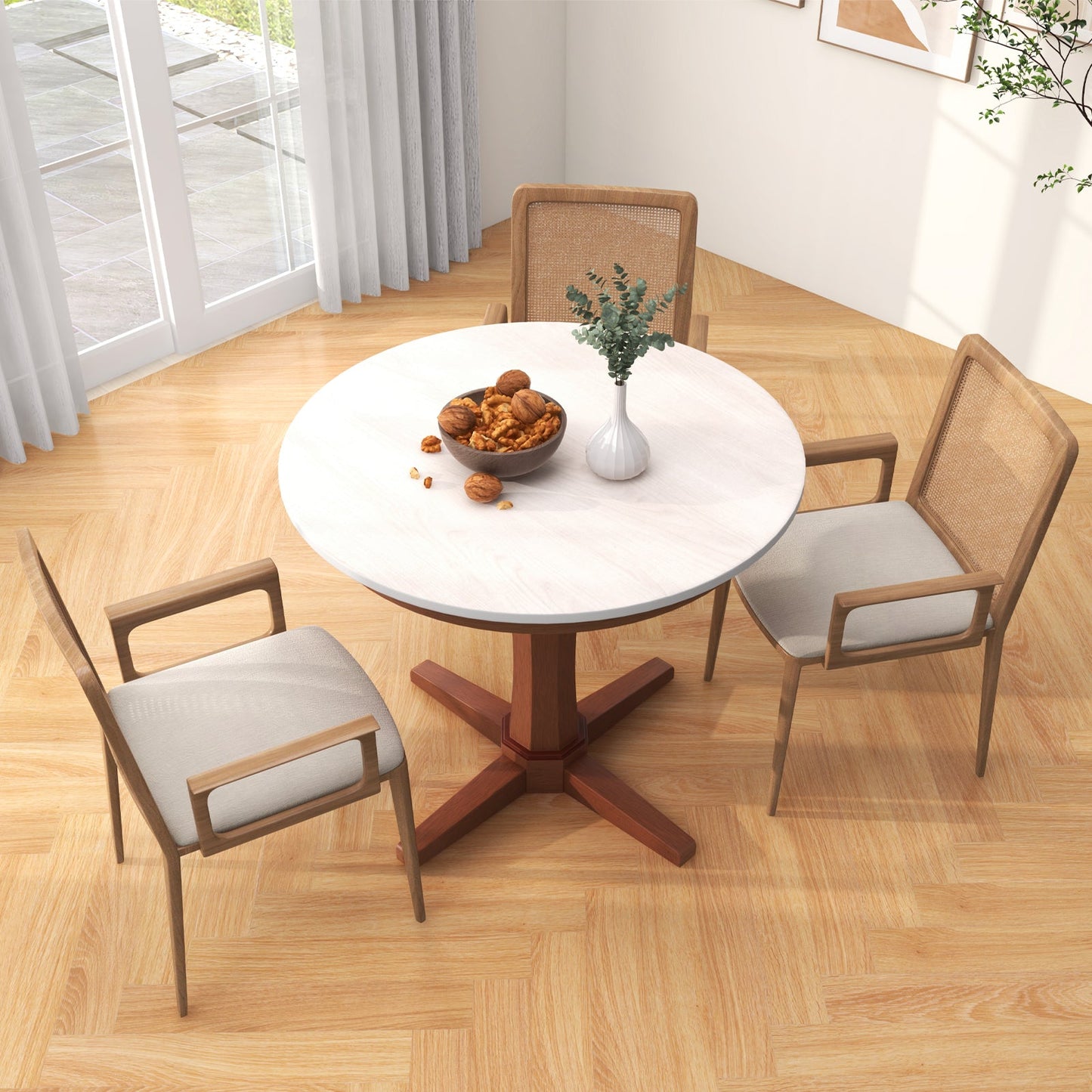 Mesa de comedor redonda de madera de 35 pulgadas con pedestal - Blanca