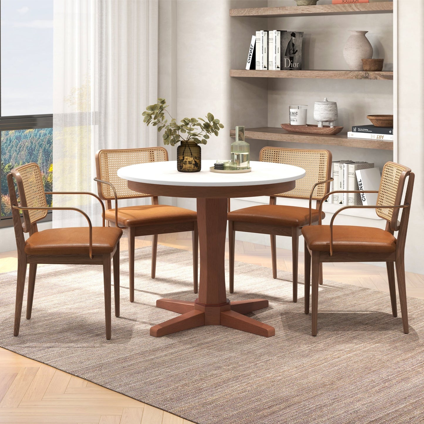 Mesa de comedor redonda de madera de 35 pulgadas con pedestal - Blanca