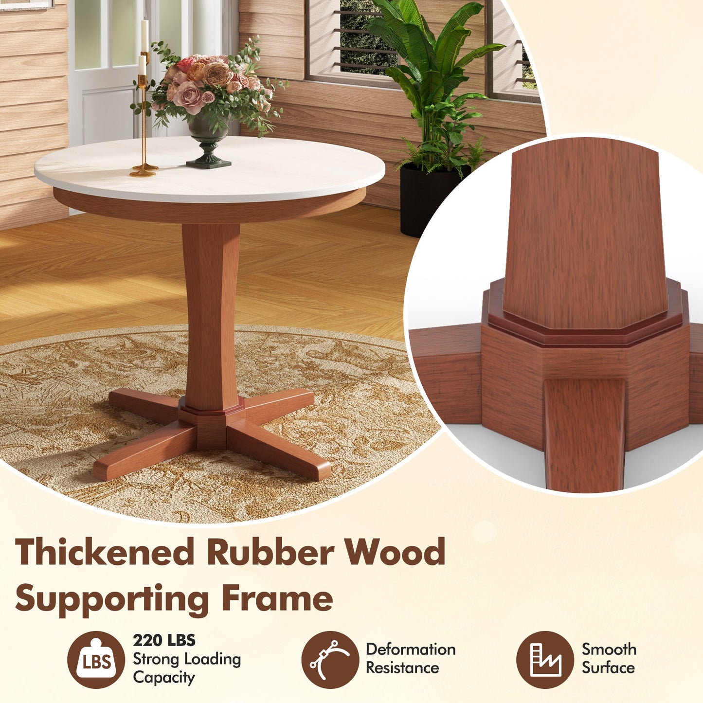 Mesa de comedor redonda de madera de 35 pulgadas con pedestal - Blanca