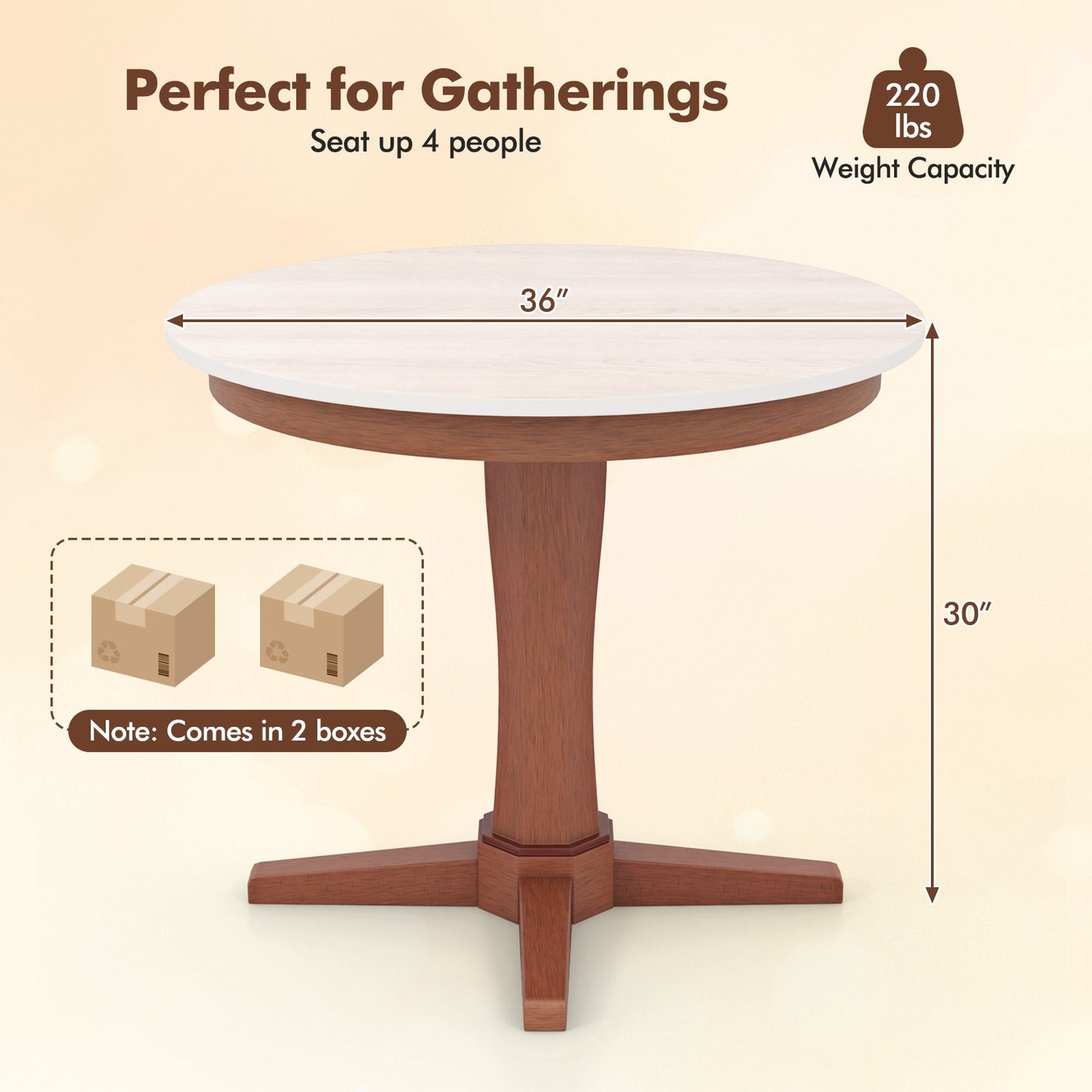 Mesa de comedor redonda de madera de 35 pulgadas con pedestal - Blanca