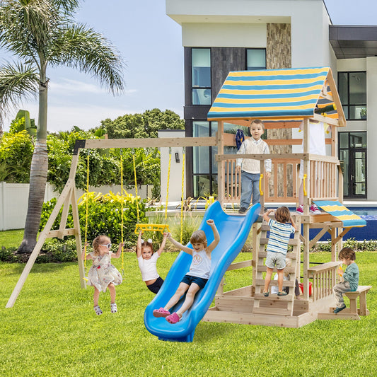 Wooden Swing Set with Large Upper Deck Slide and Steering Wheel - Tampa Home & Garden Store