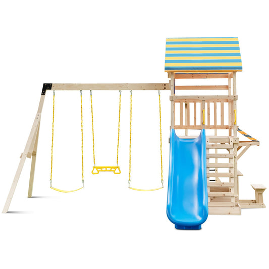 Wooden Swing Set with Large Upper Deck Slide and Steering Wheel - Tampa Home & Garden Store