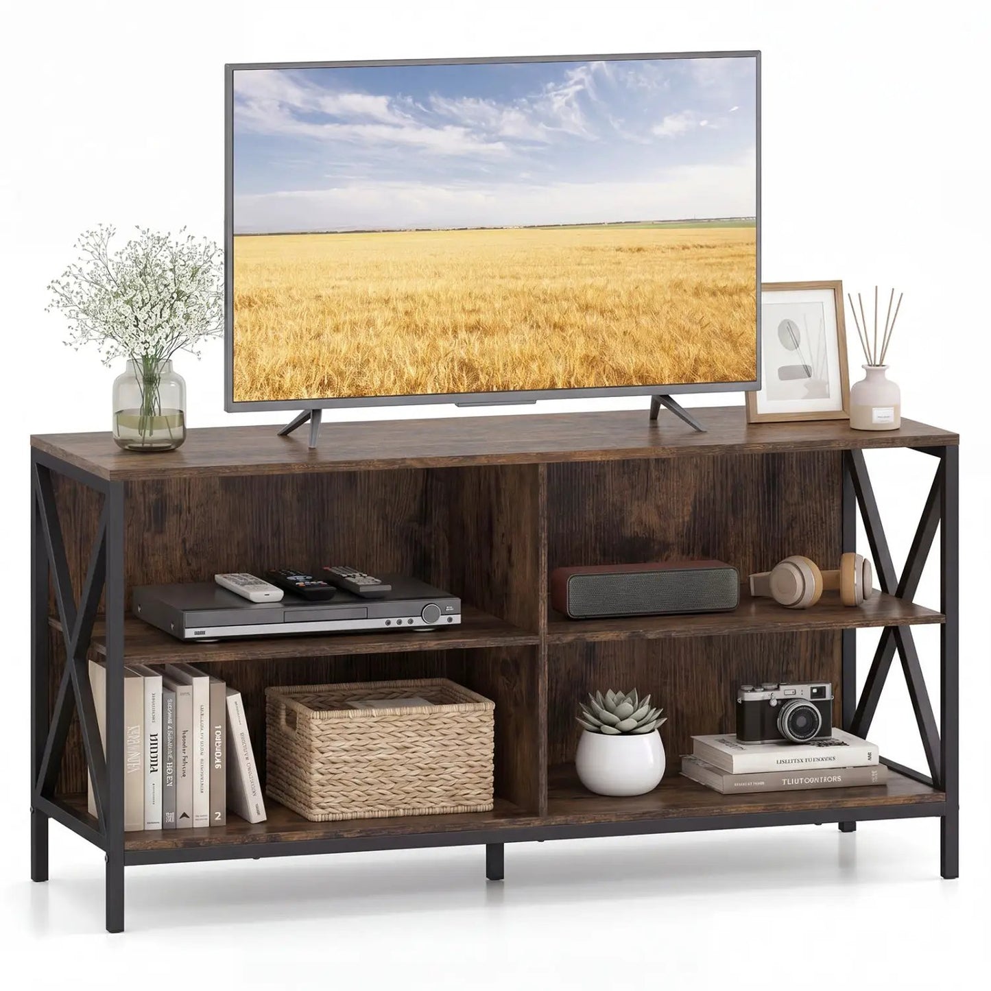Wooden TV Stand for 55 TV with X Shaped Frame