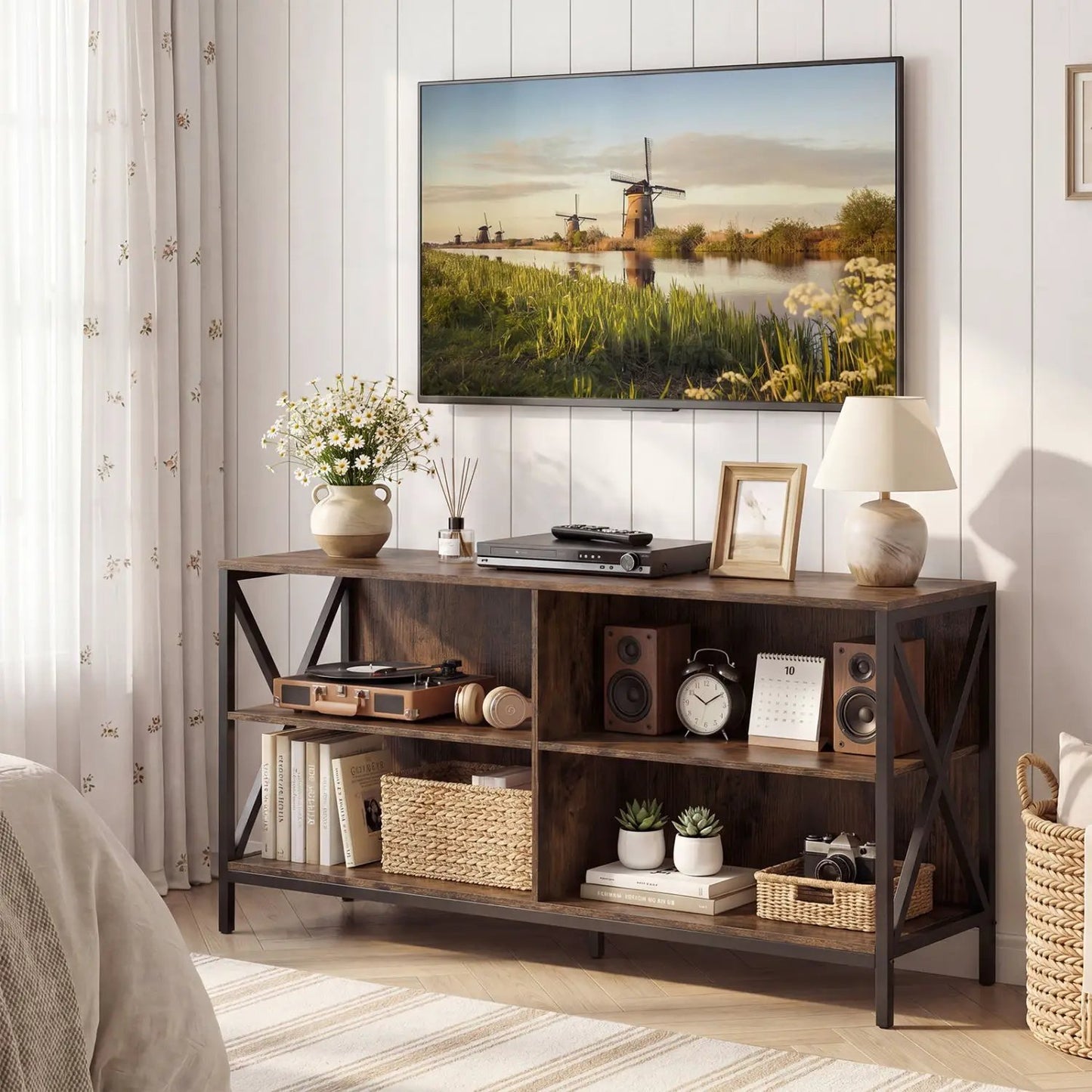 Wooden TV Stand for 55 TV with X Shaped Frame