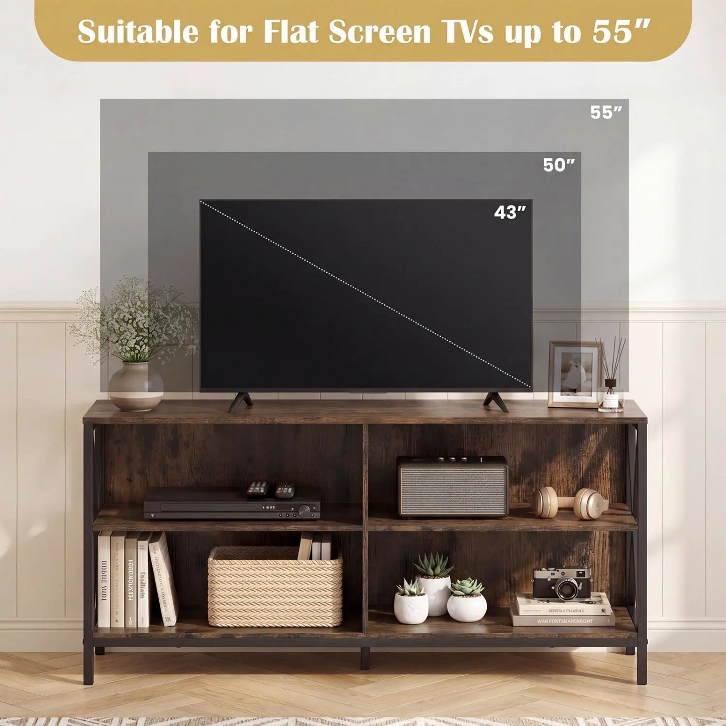 Wooden TV Stand for 55 TV with X Shaped Frame