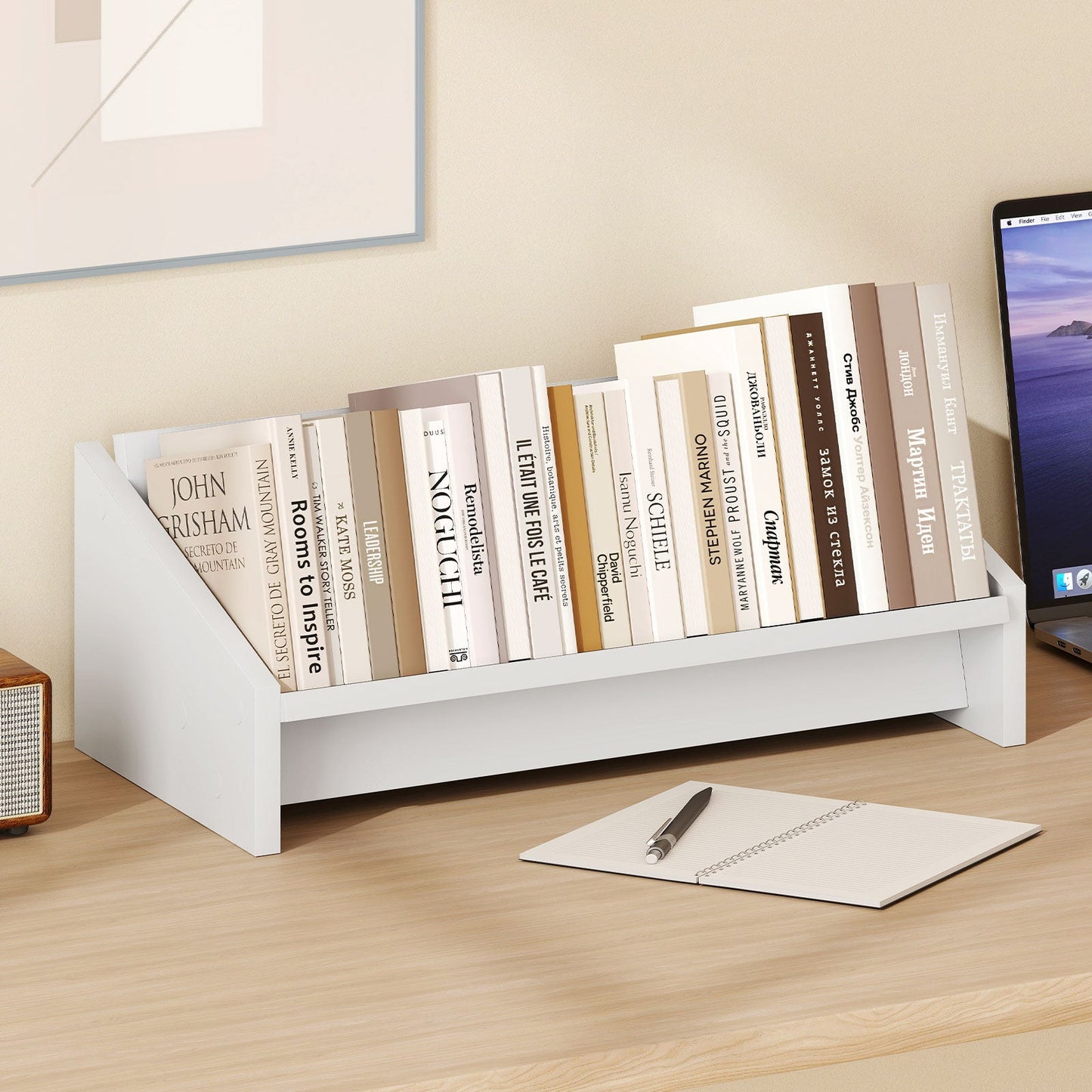 Wooden Tilting Bookcase Small Desktop Bookshelf Organizer for Magazines-White
