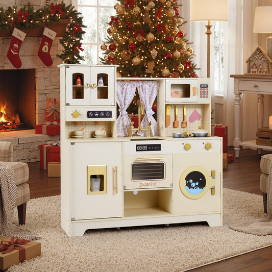 Wooden Toy Kitchen Playset with 14 Accessories for Aged 3+ Years-Beige - Tampa Home & Garden Store