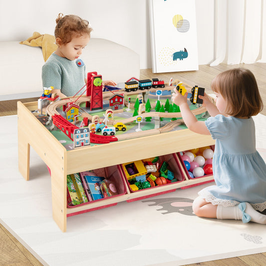 Wooden Train Set Table Kids Multipurpose Activity Play Table with 2 Reversible Tabletops-Red - Tampa Home & Garden Store