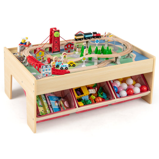 Wooden Train Set Table Kids Multipurpose Activity Play Table with 2 Reversible Tabletops-Red - Tampa Home & Garden Store