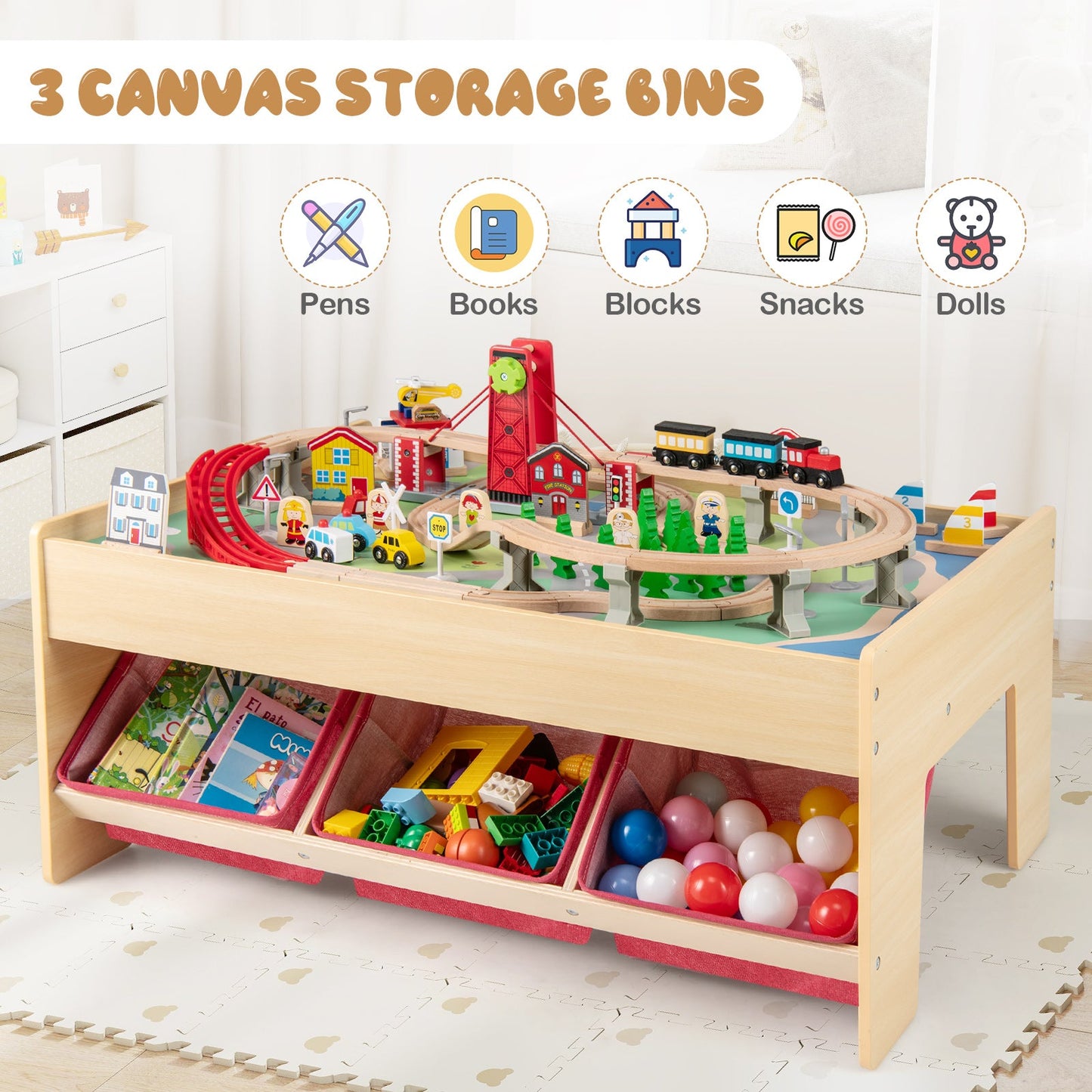 Wooden Train Set Table Kids Multipurpose Activity Play Table with 2 Reversible Tabletops-Red