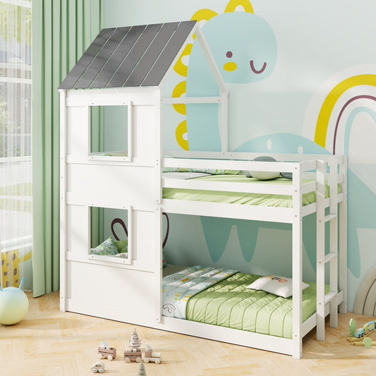 Wooden  Twin Over Twin Bunk Bed with Full-length Safety Guardrail and Ladder-White and Gray - Tampa Home & Garden Store
